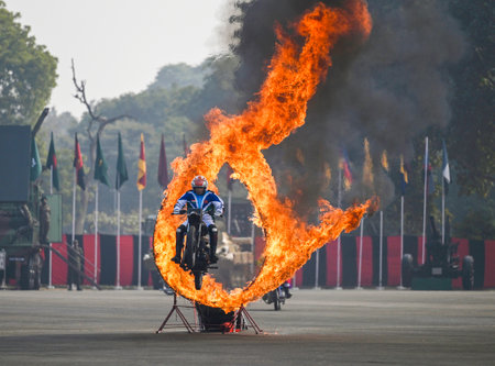 LUCKNOW, INDIA - JANUARY 15: The Corps of Signals Dare Devils, the motorcycle squad of the Indan Army mesmerises the audience with their performance during the Army Day Parade at 11 Gorkha Rifles Regimental Center (GRRC) Parade Ground  on January 15, 2024のeditorial素材