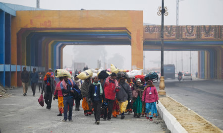 AYODHYA, INDIA - JANUARY 17: Devotees can be seen from the various part of the country ahead of the consecration ceremony of Shri Ram Janmbhoomi Temple  on January 17, 2024 in Ayodhya, India. The consecration ceremony of Ram Temple will be held in Ayodhyaのeditorial素材