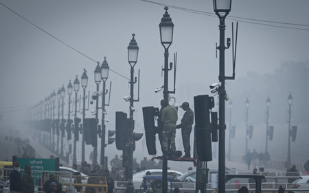NEW DELHI, INDIA â JANUARY 20: Indian Army putting sound System on the pillars for the upcoming Republic Day Parade at Kartavya Path, on January 20, 2024 in New Delhi, India. (Photo by Raj K Raj/Hindustan Times )のeditorial素材