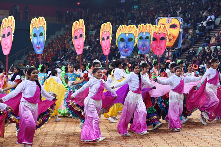 NEW DELHI, INDIA - JANUARY 18: School students perform during Excellence in Education Awards 2023 at Thyagraj Stadium,  on January 18, 2024 in New Delhi, India.  (Photo by Sanjeev Verma/Hindustan Times)のeditorial素材