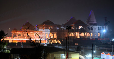 AYODHYA, INDIA â€“ JANUARY 20: An illuminated view of Shri Ram Janmbhoomi Temple ahead the...