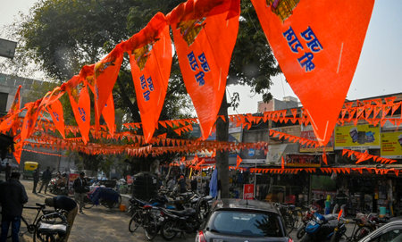NEW DELHI, INDIA â€“ JANUARY 20: A view of Bangali Market decorated with saffron flags ahead of...