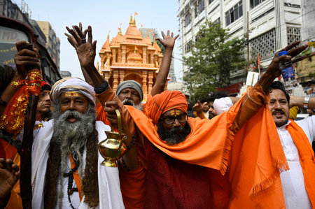 KOLKATA, INDIA - JANUARY 22:  People in Kolkata participating in a rally to celebrate Ram Lalla idol consecration at Ayodhya  on January 22, 2024 in Kolkata, India. Devotees are celebrating the consecration ceremony all over the world with joy and fanfareのeditorial素材