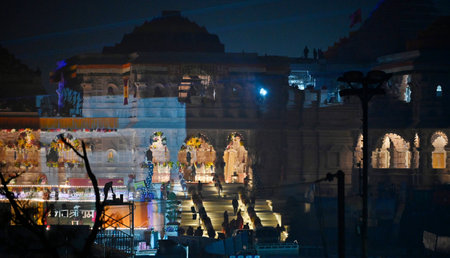 AYODHYA, INDIA â JANUARY 20: An illuminated view of Shri Ram Janmbhoomi Temple ahead the consecration ceremony on January 20, 2024 in Ayodhya, India. (Photo by Deepak Gupta/Hindustan Times )のeditorial素材