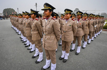 NEW DELHI, INDIA â JANUARY 20: Indian Army's Military Nursing Service personnel during rehearsal for the Republic Day Parade 2024, on January 20, 2024 in New Delhi, India. (Photo by Raj K Raj/Hindustan Times )のeditorial素材