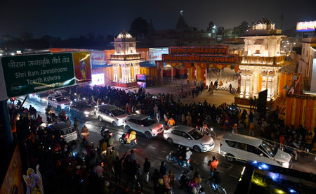 AYODHYA, INDIA â JANUARY 21: An illuminated view of Main enterence of Ram Temple at Ram Path on the eve of the consecration ceremony of Shri Ram Janmbhoomi Temple on January 21, 2024 in Ayodhya, India. (Photo by Deepak Gupta/Hindustan Times )のeditorial素材