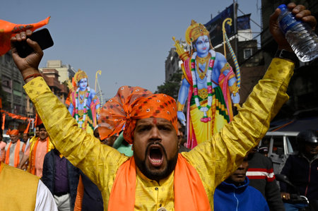 KOLKATA, INDIA - JANUARY 22:  People in Kolkata participating in a rally to celebrate Ram Lalla idol...