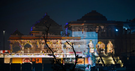 AYODHYA, INDIA â JANUARY 20: An illuminated view of Shri Ram Janmbhoomi Temple ahead the consecration ceremony on January 20, 2024 in Ayodhya, India. (Photo by Deepak Gupta/Hindustan Times )のeditorial素材