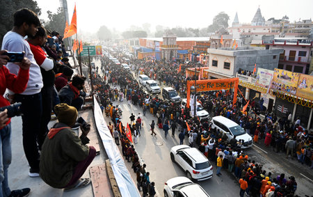 AYODHYA, INDIA - JANUARY 22: Thousand of devotees came from various part of the country gathered at the main enterence during the consecration ceremony of Shri Ram Janmbhoomi Temple  on January 22, 2024 in Ayodhya, India. Devotees are celebrating the consのeditorial素材