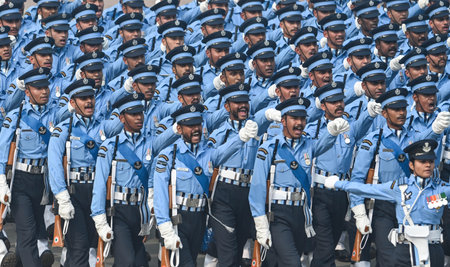 NEW DELHI, INDIA --- JANUARY 26: A contingent of the Indian Air Force marches past the saluting Base during the 75th Republic Day Parade 2024, at Kartavya Path, on January 26, 2024 in New Delhi, India. India gears up for its platinum celebration of the coのeditorial素材