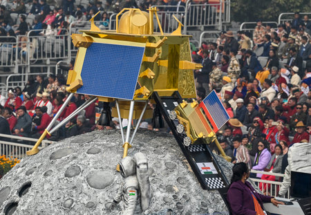 NEW DELHI, INDIA --- JANUARY 26: Indian Space Research Organization (ISRO) tableaux on display during the 75th Republic Day Parade 2024, at Kartavya Path, on January 26, 2024 in New Delhi, India. India gears up for its platinum celebration of the country'のeditorial素材