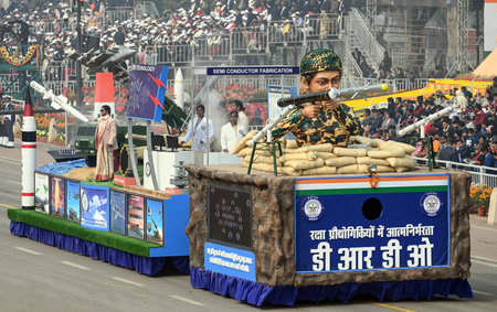 NEW DELHI, INDIA --- JANUARY 26: DRDO tableaux on display during the 75th Republic Day Parade 2024,...
