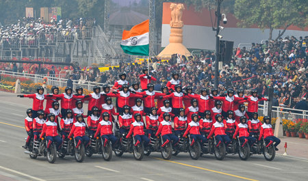 NEW DELHI, INDIA --- JANUARY 26: All Women Daredevils from Central Armed Police Women personnel from SSB, CRPF and BSF perform during the 75th Republic Day Parade 2024, at Kartavya Path, on January 26, 2024 in New Delhi, India. India gears up for its platのeditorial素材