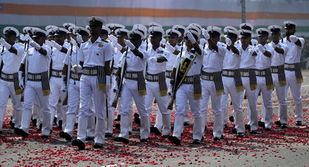 KOLKATA, INDIA --- JANUARY 26: Parade marches by Indian Navy Contingent past the Saluting Dias at...