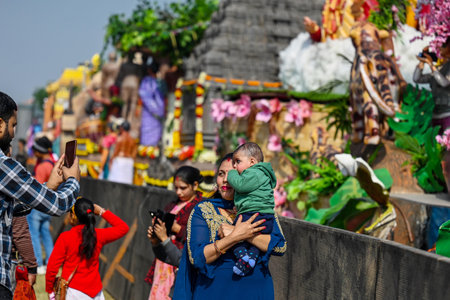 NEW DELHI, INDIA - JANUARY 27: School Students Taking Selfie with Republic Day Parade Tableaux during the Bharat Parv Festival, as part of the 75th Republic Day celebrations at Redfort Ground on January 27, 2024 in New Delhi, India. The highlights of the のeditorial素材