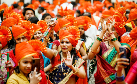 NEW DELHI, INDIA - FEBRUARY 19: Maharashtrian women in traditional attire took part in Shivaji Jayanti celebrations at Maharashtra Sadan on February 19, 2024 in New Delhi, India. Chhatrapati Shivaji Maharaj is one of the greatest Maratha rulers who carvedのeditorial素材