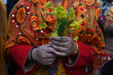 NEW DELHI, INDIA -FEBRUARY 14: People in yellow dress along with yellow flowers gathered at Nizamuddin Dargah to celebrate Vasant Panchami festival, on February 14, 2024 in New Delhi, India. (Photo by Salman Ali/Hindustan Times )のeditorial素材
