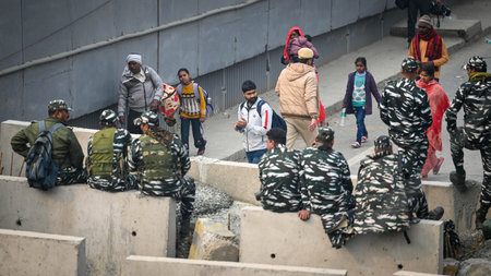 NEW DELHI, INDIA - FEBRUARY 13:  Locals face difficulty as Delhi Police and other Security officials...