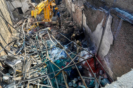 NEW DELHI, INDIA - FEBRUARY 16: A View of paint godown and near by shops that caught fire last...