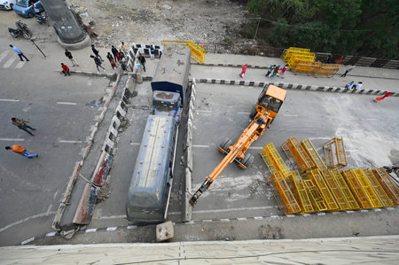 NEW DELHI, INDIA - FEBRUARY 12: Delhi Police officials put barricades as a preventive measure after...