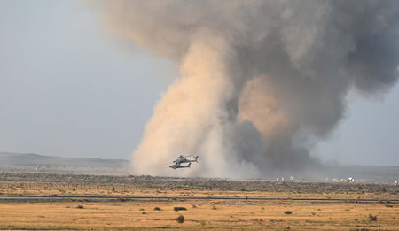 JAISALMER, INDIA -FEBRUARY 17: Indian Air Force fighters showing their skills during \Vayu Shakti\...