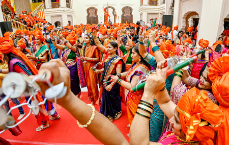NEW DELHI, INDIA - FEBRUARY 19: Maharashtrian women in traditional attire took part in Shivaji Jayanti celebrations at Maharashtra Sadan on February 19, 2024 in New Delhi, India. Chhatrapati Shivaji Maharaj is one of the greatest Maratha rulers who carvedのeditorial素材