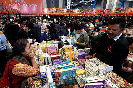 NEW DELHI, INDIA -FEBRUARY 17: People in large numbers visit the World Book fair on weekend at Pragati Maidan, on February 17, 2024 in New Delhi, India. This edition of the book fair is spread over 50,000 sq meters and is set to be the biggest book fair wのeditorial素材