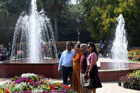 NEW DELHI, INDIA -FEBRUARY 18: Visitors visit during the \"36th Garden Tourism Festival\" organized by Delhi Tourism in collaboration with the Delhi Government held at Garden of Five Senses, on February 18, 2024 in New Delhi, India. The theme of the 36th のeditorial素材