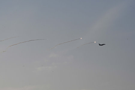 JAISALMER, INDIA -FEBRUARY 17: Indian Air Force fighters showing their skills during \"Vayu Shakti\" 2024, at Pokhran Range, in Jaisalmer district, on February 17, 2024 in Jaisalmer , India. Indian Airforce power exercise Vayu Shakti which took place at tのeditorial素材