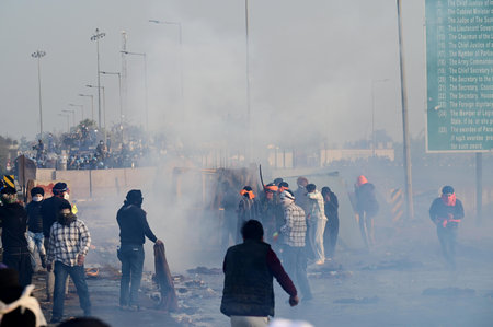 CHANDIGARH, INDIA -FEBRUARY 14: Haryana Police fired Tear gas shells to stop protesters to came near...
