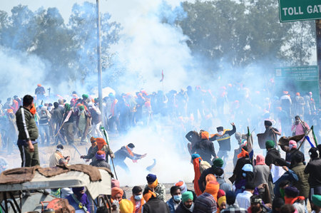 CHANDIGARH, INDIA -FEBRUARY 14: Haryana Police fired Tear gas shells to stop protesters to came near...