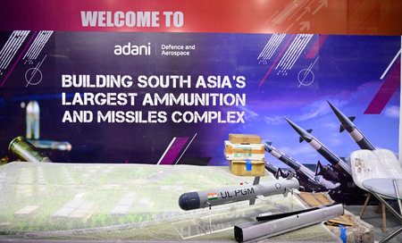 LUCKNOW, INDIA -FEBRUARY 18: Adani Defence and Aerospace project displayed at the exhibhition area...