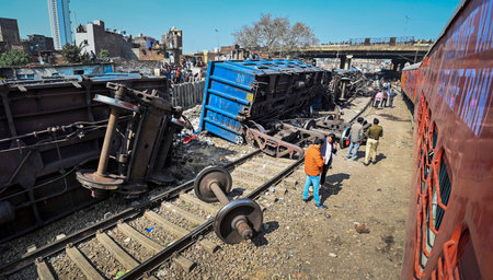 NEW DELHI, INDIA -FEBRUARY 17: A view of 10 wagons of a goods train derailed on the Patel Nagar-Dayabasti section, on February 17, 2024 in New Delhi, India. The incident happened when the train was passing under the Zakhira flyover on Saturday morning neaのeditorial素材