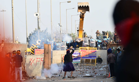 AMBALA, INDIA - FEBRUARY 21: Police action on agitated farmers at Shambhu Border of Punjab and...