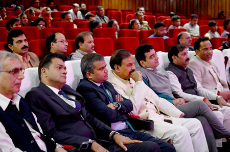 NOIDA, INDIA - FEBRUARY 19: Gautam Buddh Nagar MP Mahesh Sharma was seen participating in the groundbreaking ceremony alongside officials of the Noida Authority at the Indira Gandhi Kala Kendra in Sector 6 on February 19, 2024 in Noida, India.  This time のeditorial素材