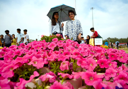 NOIDA, INDIA - FEBRUARY 25: People visit at the last day of the 36th Noida flower Show organized by âThe Floriculture Society of Noida and Noida authority at Ramlila ground in Sector 21A, on February 25, 2024 in Noida, India. (Photo by Sunil Ghosh/Hinduのeditorial素材