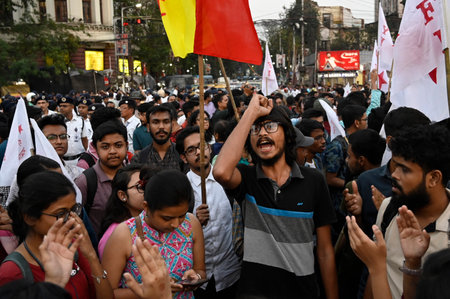 KOLKATA, INDIA - FEBRUARY 23:  Members of different Left Youth Students Organizations staged protest against Trinamool Congress (TMC) run State Government over violence against women at Sandeshkhali at Esplanade  on February 23, 2024 in Kolkata, India.  (のeditorial素材