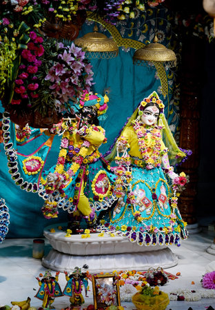 NOIDA, INDIA - FEBRUARY 25: Devotees offer prayers to celebrate tenth anniversary Brahmotsav at ISKCON Temple in Sector 33, on February 25, 2024 in Noida, India. (Photo by Sunil Ghosh/Hindustan Times )のeditorial素材