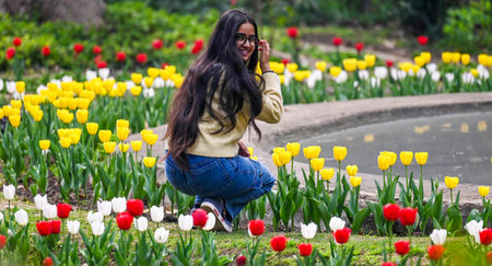 NEW DELHI, INDIA - FEBRUARY 20: People gather in large numbers to witness the Spring Season Tulip Festival at Lodhi Garden on February 20, 2024 in New Delhi, India. (Photo by Raj K Raj/Hindustan Times)のeditorial素材