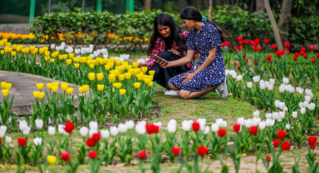 NEW DELHI, INDIA - FEBRUARY 20: People gather in large numbers to witness the Spring Season Tulip Festival at Lodhi Garden on February 20, 2024 in New Delhi, India. (Photo by Raj K Raj/Hindustan Times)のeditorial素材