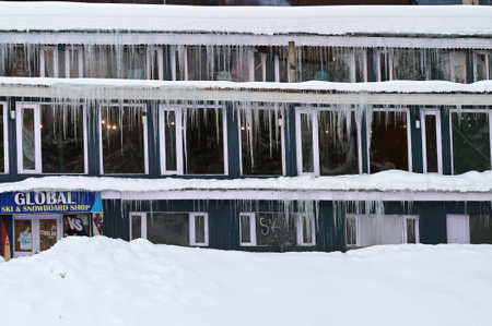 SRINAGAR, INDIA - FEBRUARY 25: Icicles hang from the window of a hotet at at famous snow covered ski resort, Gulmarg, about 55kms from on February 25, 2024 in Srinagar, India. (Photo by Waseem Andrabi/Hindustan Times )のeditorial素材