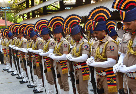 MUMBAI, INDIA - FEBRUARY 23:  Mumbai Police personnel giving Guard of Honour at the Funeral pay last...