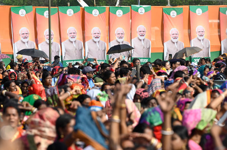 HOOGHLY, INDIA - MARCH 1: Bharatiya Janata Party (BJP) supporters gathered at Prime Minister Narendra Modi's first public rally ahead of Lok Sabha Election at Arambagh on March 1, 2024 in Hooghly, India. (Photo by Samir Jana/Hindustan Times)のeditorial素材