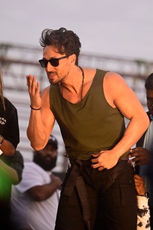LUCKNOW, INDIA - FEBRUARY 26: Bollywood actor Tiger Shroff performs a dance step during the promotion of their upcoming movie Bade Miyan Chote Miyan near the clock tower old city on February 26, 2024 in Lucknow, India. (Photo by Deepak Gupta/Hindustan Timのeditorial素材