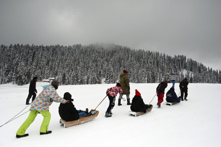 SRINAGAR, INDIA - FEBRUARY 25: Tourists are seen enjoying at famous snow covered ski resort, Gulmarg, about 55kms from on February 25, 2024 in Srinagar, India. (Photo by Waseem Andrabi/Hindustan Times )のeditorial素材