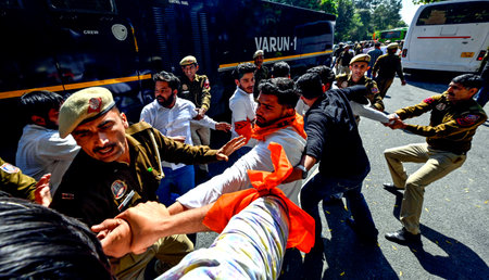 NEW DELHI, INDIA - MARCH 5:  Delhi Police and Paramilitary Security forces try to detaining Akhil...