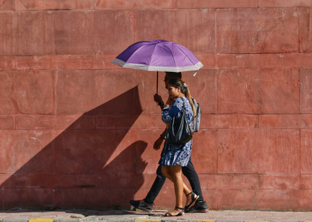 NEW DELHI, INDIA - MARCH 18: Tourists seen on a hot summer day at Humayun's Tomb, on March 18, 2024 in New Delhi, India. After a long winter, Delhi is all set to witness rising temperatures in the coming week, starting Monday, when maximum and minimum temのeditorial素材