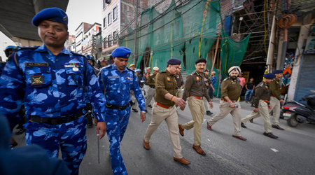 NEW DELHI, INDIA - MARCH 12: Delhi Police and Security personnel Flag march at the Seelam Pur Jaffarabad Northeast Delhi Road a day after the Ministry of Home Affairs notified the rules for implementation of the Citizenship (Amendment) Act on March 12, 20のeditorial素材
