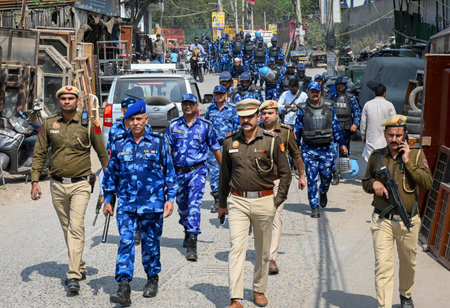 NEW DELHI, INDIA - MARCH 12: Delhi Police and Security personnel Flag march at the shaheen bagh a...