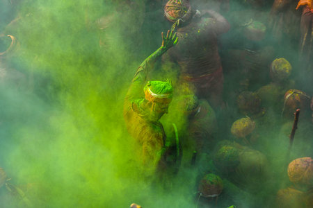 MATHURA, INDIA - MARCH 19: People smear each other with colored powder during the Lathmar Holi festival, at Nandji Temple on March 19, 2024 in Mathura, India. (Photo by Raj K Raj/Hindustan Times)のeditorial素材